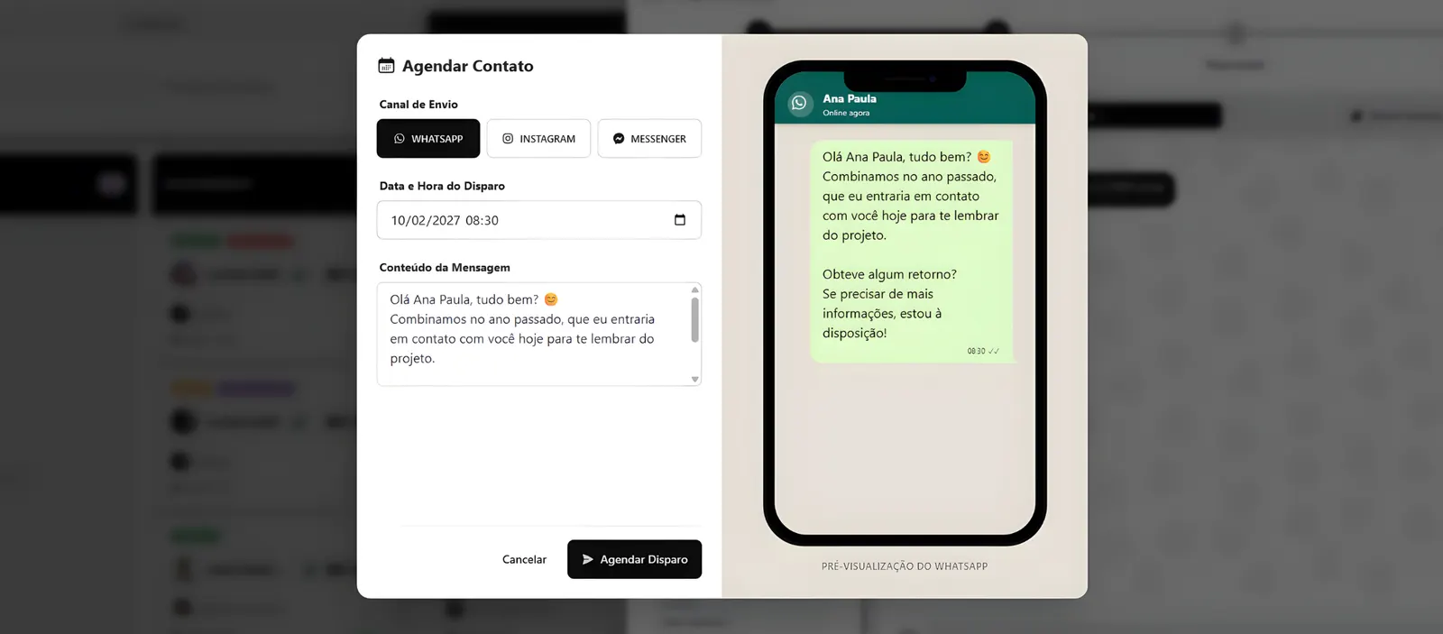 Tela de agendamento de contato e follow-up automático