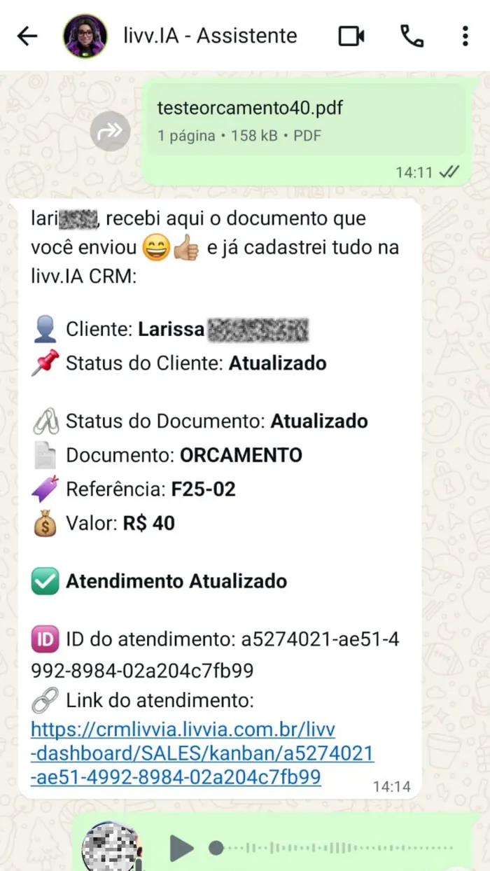 livv.IA registrando automaticamente os dados de um orçamento enviado pelo WhatsApp
