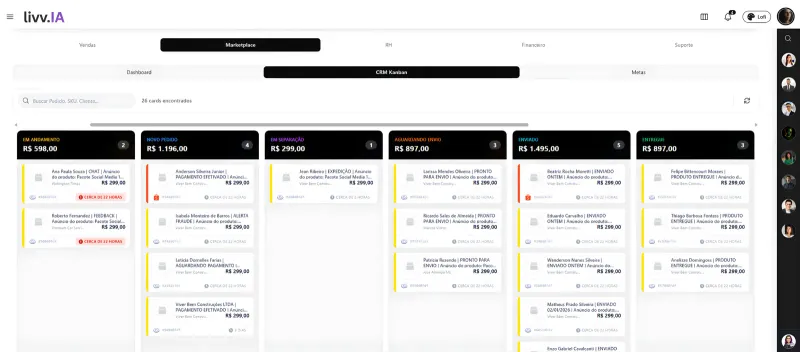 Kanban de marketplace do livv.IA CRM